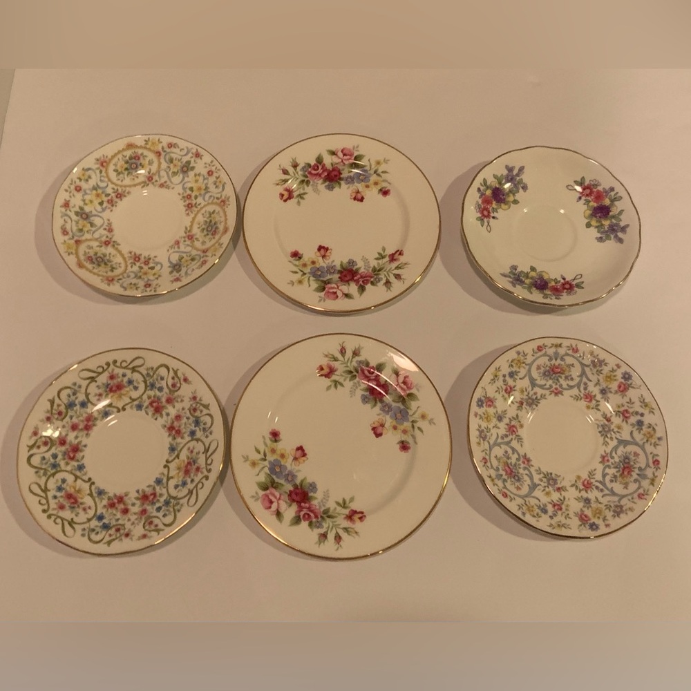 Vintage Mismatched English Bone China Floral Tea Plates Set Of 6 - England